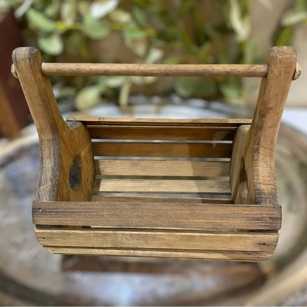 Vintage Primitive Heart Wood Slat Basket Caddy with Handle Farmhouse Country